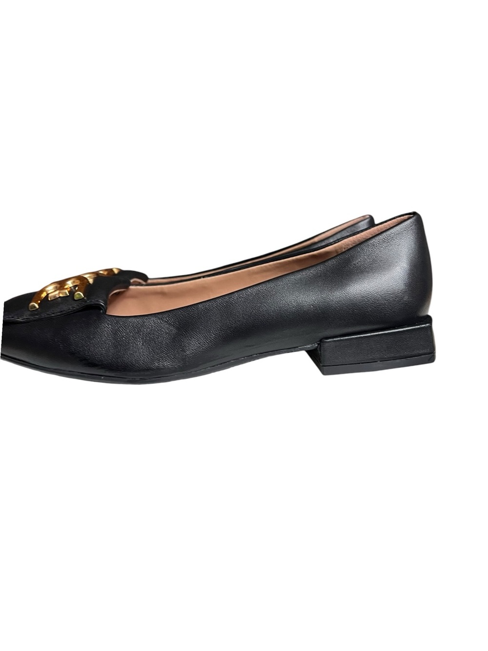 🌻NEW Sam Edelman Emina Square Toe Flats Black Gold Hardware Slip On 1" Heel 6.5 - Picture 7 of 10